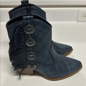 Women's Metallic Dark Blue Fringe Ankle Boots